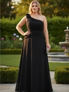 David's Bridal Black One-Shoulder Evening Gown with Rosette Accent